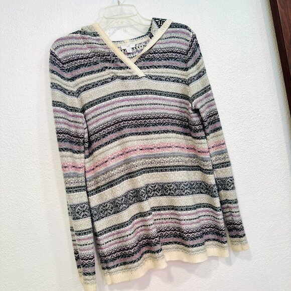J Jill Pullover Sweater Hoodie Stripes Cozy Knit Cotton Blend Women's Small Tall - Picture 4 of 7
